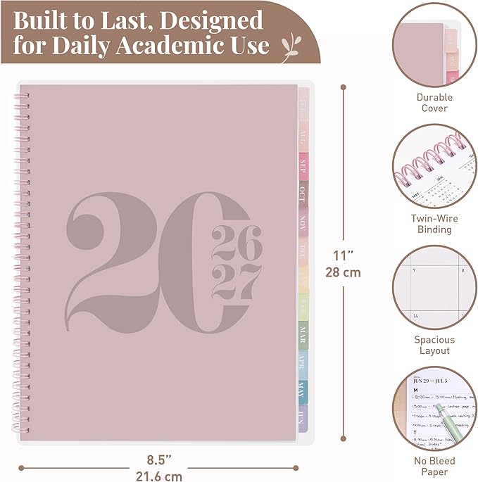 Rileys Academic Planner 2026-2027, Daily, Weekly & Monthly Planner, July 2026 - June 2027, Student Notes Pages, Twin-Wire Binding, Weekly Agenda for School & Work (8.5 x 11-Inches, Typographic, Pink)