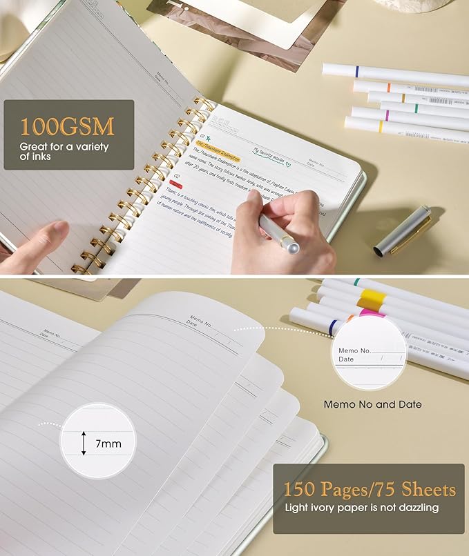 PAPEJOON Lined Spiral Journal Notebook for Women, A5 Cute Hardcover Spiral Journals for Work, Note Taking, 150 Numbered Pages 100 GSM College Ruled Spiral Bound Notebook, 5.75" x 8.38", Eucalyptus