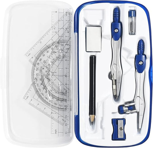 Vobou Math Geometry Kit Sets 10 Piece Student Supplies with Shatterproof Storage Box,Includes Rulers,Protractor,Compass,Eraser,Pencil Sharpener,Lead Refills,Pencil,for Drafting（Navy Blue）