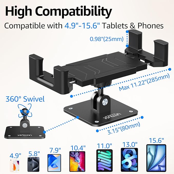 Urmust Universal Tablet Wall Mount Holder, 360 Adjustable, for 4.7-15.6" Devices, iPad, iPhone, Galaxy Tab, Surface Pro, Sturdy Aluminum Wall Phone Holder, for Home, Office & Public Spaces