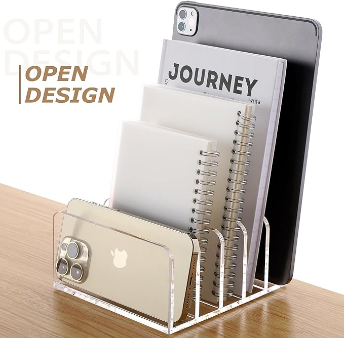 SANRUI Clear Desktop File Organizer, 5 Compartments Acrylic Office Document Sorter Mails Storage, Multifunction Letter Folder Racks Holders for Office,Home, School Desk Organization