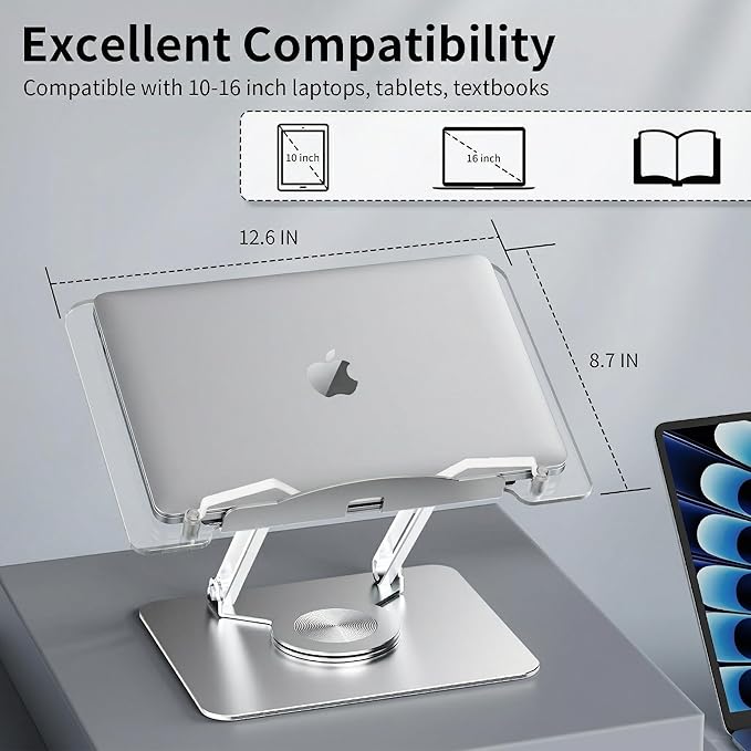 Adjustable Acrylic Laptop Stand for Desk, Ergonomic Aluminum Laptop Riser, Computer Stand for Laptop, Book Holder, for iPad, Tablets, Compatible with MacBook,Sturdy Foldable Design with Swivel Base.