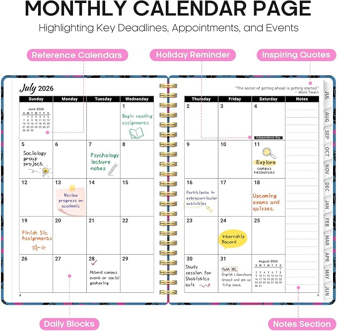 Planner 2026–2027, Weekly & Monthly Academic Organizer for School Year, Jul 2026–Jun 2027, Hardcover Planner with Tabs, Back to School Essential, 6.3" x 8.5", Midnight Roses