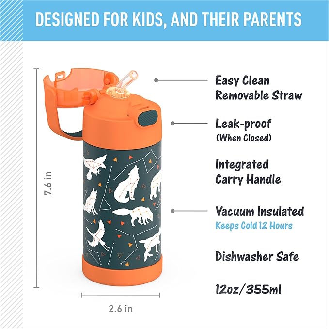 THERMOS FUNTAINER Water Bottle with Straw - 12 Ounce - Kids Stainless Steel Vacuum Insulated Water Bottle with Lid, Night Trek