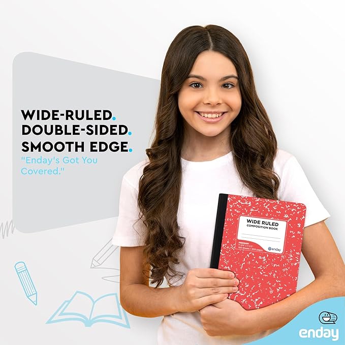 Enday Composition Notebooks Wide Ruled Paper, Colored Marble Composition Notebook Covers, 100 Sheets (200 pages) Composition Books, Marble Notebooks Wide Ruled For School, Red And Grey, 2 Pack