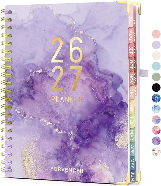 Jul 2026 - Dec 2027 Planner, Forvencer 18 Month Academic Planner 2026-2027, 8.5" x 11", Calendar Planner Weekly and Monthly, Daily Agenda, School Supplies for Student Teacher, A4, Purple Marble Style