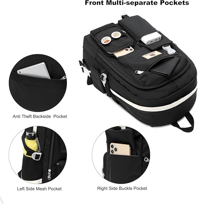 Hidds Laptop Backpacks 15.6 Inch College School Backpack for Girls Women Bookbag Cute Elementary Middle High School Bags Big Anti Theft Travel Daypack Kids Book Bag for Teens Womens Student (Black)