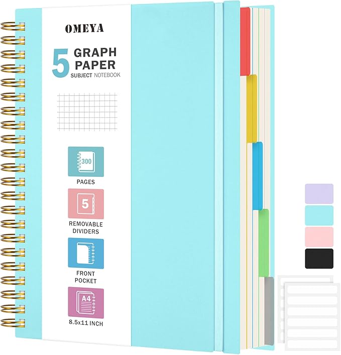 Graph Paper Notebook: 5 Subject Graphing Notebook with Removable Dividers, 300 Pages 100gsm Thick Spiral Grid Notebooks, 5x5 Graph Ruled Paper, Large A4 Journal for School Work Women Men, 8.5" X 11"