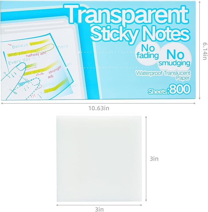 Clear Transparent Self-Adhesive Sticky Notes with Tabs, 3x3 Inches 800 Sheets of Translucent Paper for Bible Study & Indexing, See-Through, Waterproof & Repositionable, No Fading