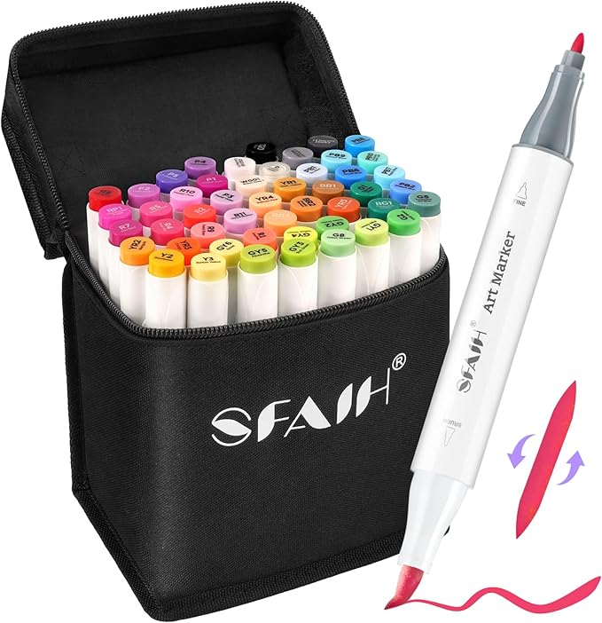 SFAIH 49 Colors Alcohol Markers for Adult Coloring Books–Dual Tip (Brush & Fine), Art Markers for Artist Drawing Illustration Sketching, Relaxing Coloring Supplies for Stress Relief, Me-Time Gift