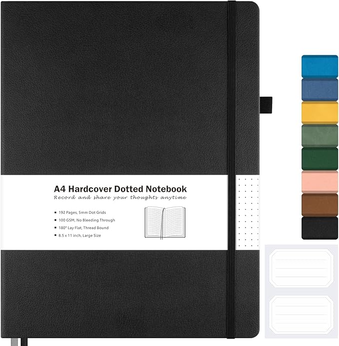 Dotted Journal, Hardcover Notebook 8.5 x 11, Dot Grid Notebook Journal for Women, Men, Large Leather Journals for Writing, Bullet, No Bleed Thick Paper, A4 Notebooks for Work, School, Notes, Black