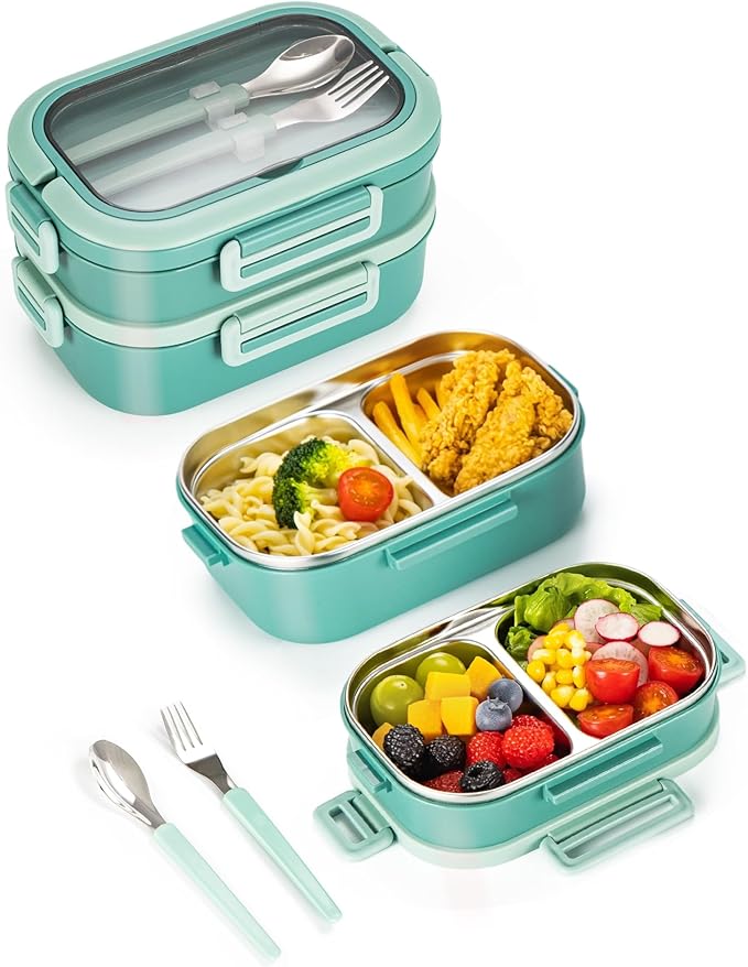 Lille Home Stackable Lunch Box, 2 Tier Stainless Steel Bento Lunch Box, 56oz Large Capacity Leakproof Lunch Containers, 4-Compartment Lunch Box with Utensils for Meal Prep, Work, Picnic(Green)