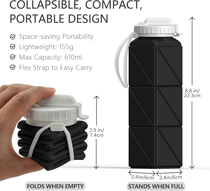 BEAUTAIL Collapsible Water Bottles with Straw 21 oz, Travel Water Bottle | BPA Free, Leakproof & Reusable, Silicone Foldable Water Bottle for Traveling, Hiking, School, Sport, 2-Pack, Black+Starlight