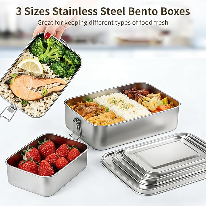 3 PCS Bento Boxes, Stainless Steel Lunch Boxes, Food Storage Containers, Lockable Clips to Leak Proof, Reusable Dishwasher Safe Lunch Snack Boxes(850 ml, 1400 ml, 2400 ml)