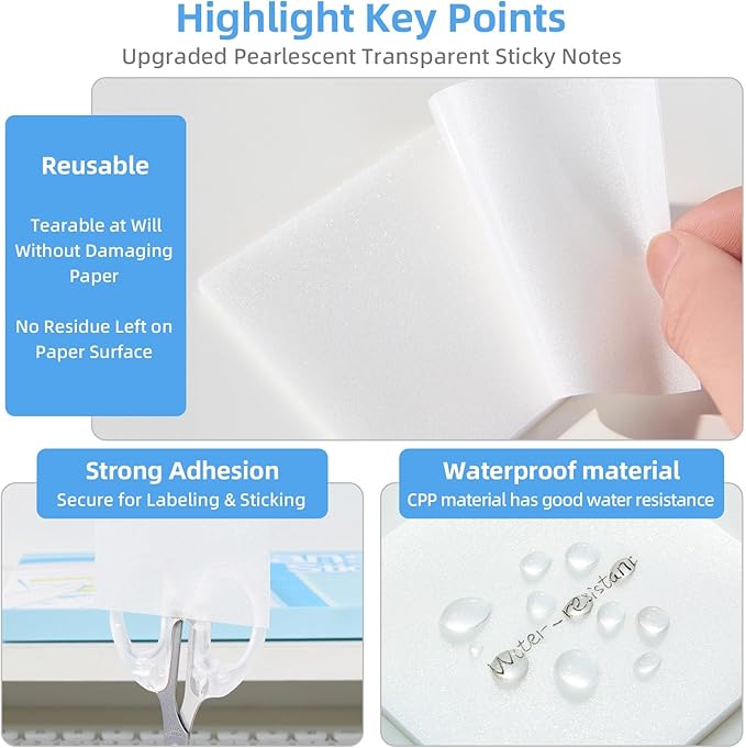 Clear Transparent Self-Adhesive Sticky Notes with Tabs, 3x3 Inches 800 Sheets of Translucent Paper for Bible Study & Indexing, See-Through, Waterproof & Repositionable, No Fading