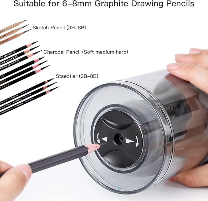 AFMAT Rechargeable Long Point Pencil Sharpener for Artist, 3 Point Options, Auto Stop, 8-25mm Super Long Tip, Electric Artist Pencil Sharpener for φ6-8.5mm Charcoal/Drawing/Sketching/Colored Pencils