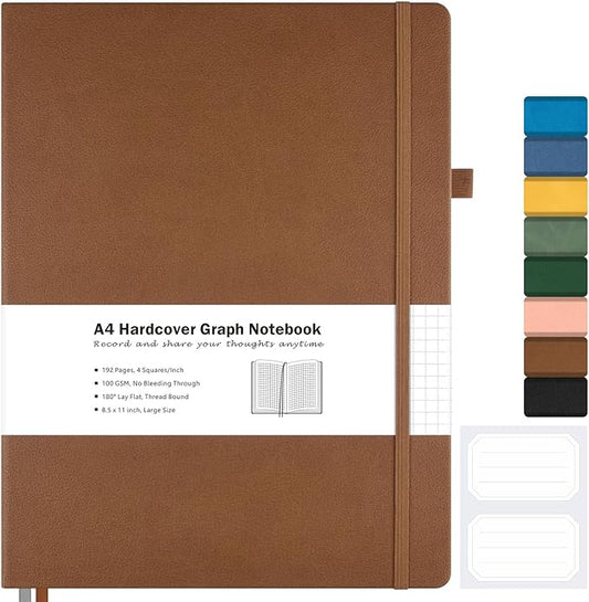 Graph Paper Notebook, Hardcover Notebook 8.5 x 11, Grid Notebook Journal for Women, Men, Large Leather Journals for Writing, Thick Paper, A4 Notebooks for Work, School Supplies, Engineering Brown