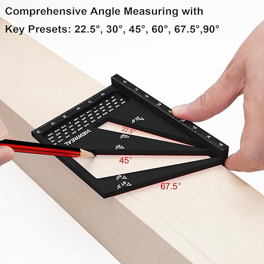 Multi-Angle Measuring Ruler,3D Woodworking Square, 22.5-90 Degree Aluminum Alloy Protractor for Precision Carpentry, Engineering & DIY Projects, Laser Etched, Durable, Portable - Black