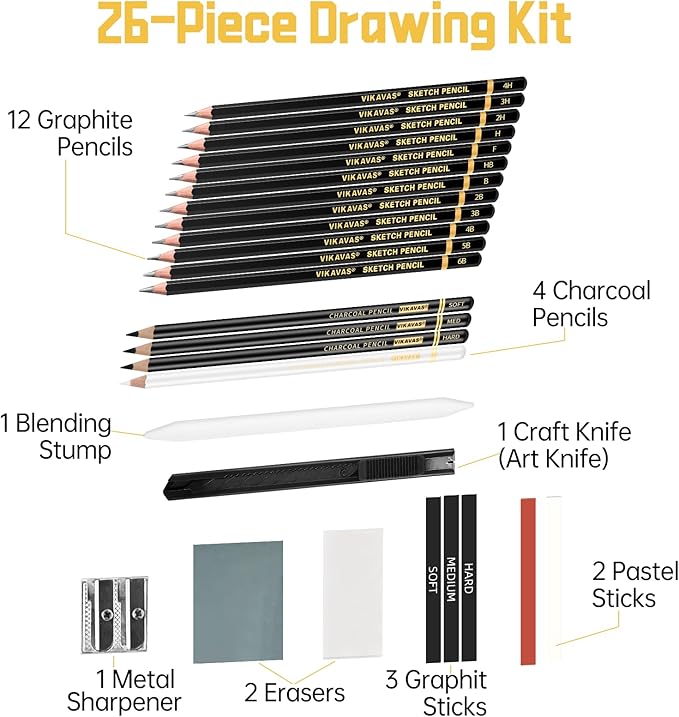 Professional Sketch Pencil Set – 26 PCS Complete Drawing Kit for Artists Graphite, Charcoal, Pastel, Erasers & Tools for Sketching, Shading & Detailing