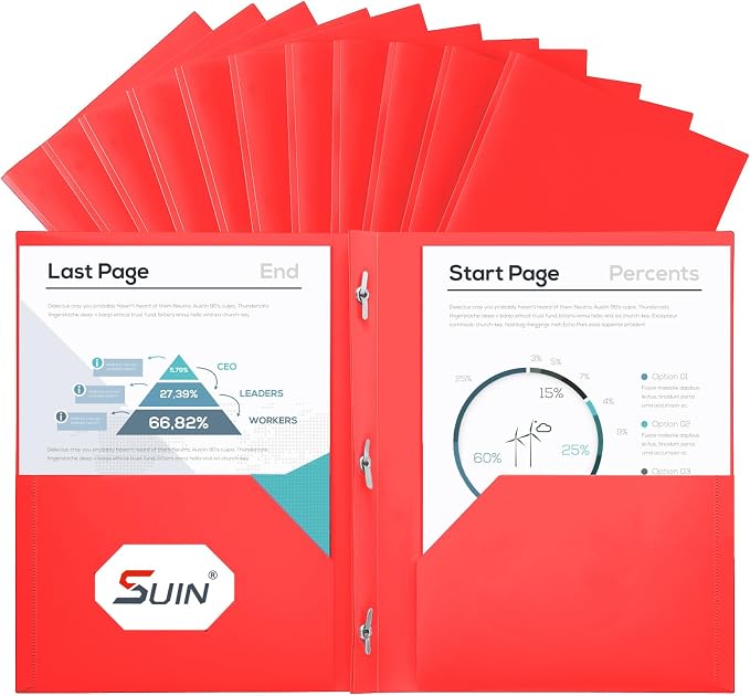 SUIN Plastic Project-Folder with 2 Pockets and 3-Prong Fasteners, for US Letter Size, Bulk Pack Color File-Folder for US Letter Size Papers, Ideal for School & Office, (Red)