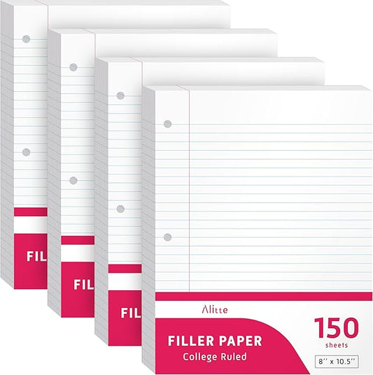 Alitte Loose Leaf Paper, College Ruled, 600 Sheets (150/Pack) Filler Paper for Writing Notes - School, College, Office 3 Hole-Punch Lined Sheets for Ring Binders, Pocket Folders - White, 8 x 10.5