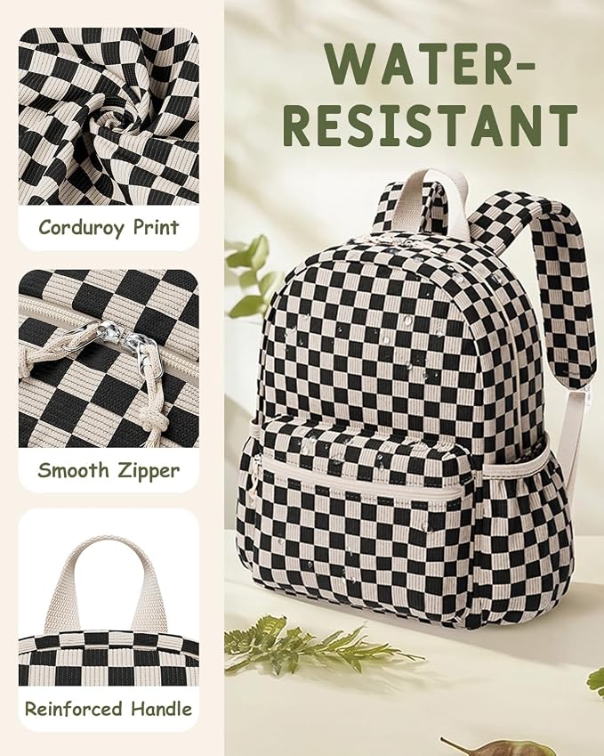 Corduroy Kids Backpack for Boys Girls Ages 5-8 | 15 Inch Water-Resistant Lightweight School Bookbag for kindergarten and Elementary, 1st-3rd grade(Large,Black&White Check)