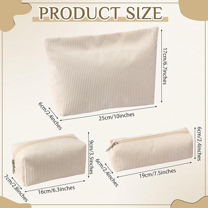 Huhumy 3 Pcs Makeup Bag Set for Women Corduroy Cosmetic Pouch Aesthetic Smile Travel Toiletry Bag Cute Purse Pouch Pencil Case Makeup Brushes Storage Organizer with Zipper(White,Solid Style)