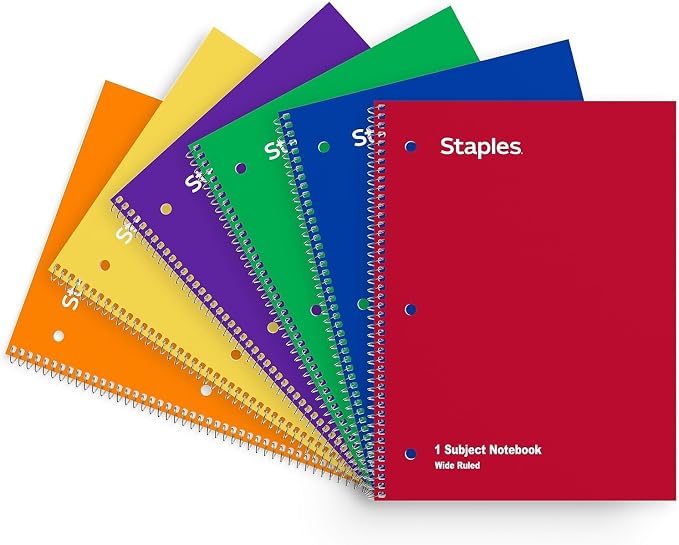 Staples 1-Subject Spiral Notebook, Wide Ruled, 70 Sht, Assorted, 6-Pk