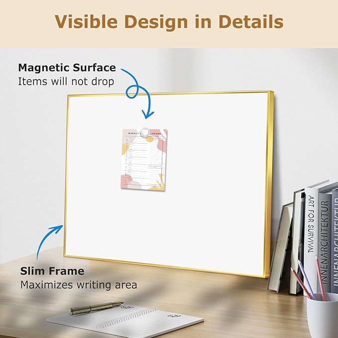 Magnetic Whiteboard, 24"x18" Gold Aluminum Frame Dry Erase White Board for Wall, Hanging Wipe Board with 6 Magnets, 4 Markers & 1 Eraser for Home, Office, School