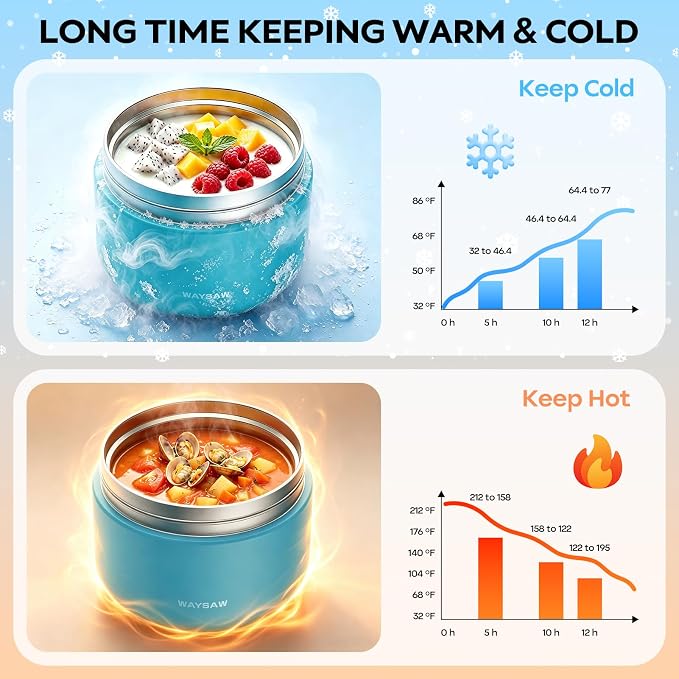 14 oz Kids Thermo for Hot Food, Leakproof Insulated Vacuum Jar/Blue | 316 stainless steel wide mouth buckle lid BPA free pasta soup small hand friendlly keep food hot and cold school lunch picnic