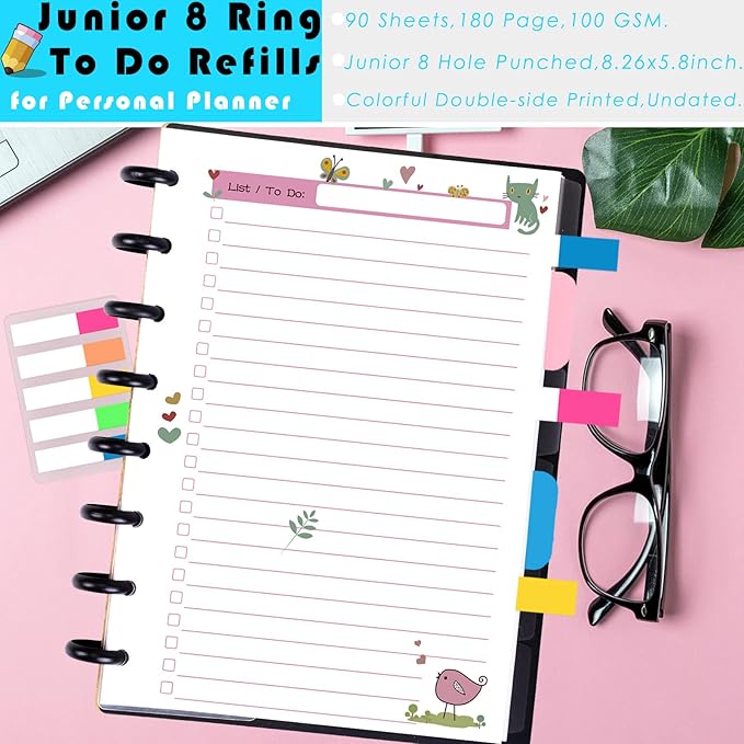 Rancco Junior To-Do List Planner Refills Set, 180 Pages 8 Rings Punched Half Letter Disc Paper Inserts w/Index Tabs, Index Dividers, Loose-Leaf Bag, Ruler For Circa, Arc, TUL, Happy Planner, 5.5x8.5"
