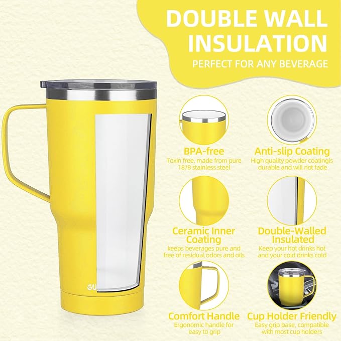 20 oz Insulated Coffee Mug with Ceramic Coating, Stainless Steel Travel Mug Tumbler with Handle Lid and Straw, Double Wall Leak-Proof Coffee Travel Mug Keeps Drink Hot and Cold (Yellow)
