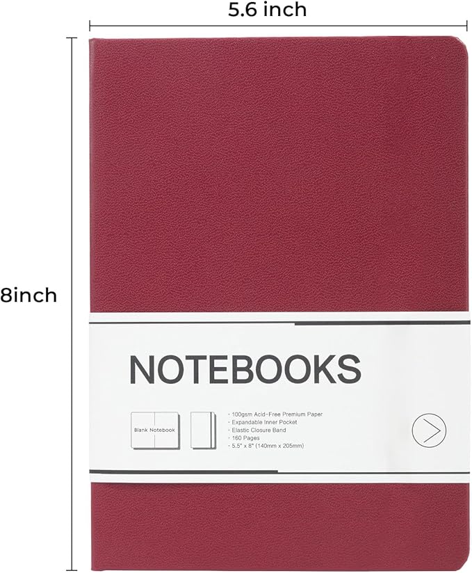 M&G Blank Journal Notebook, 160 Pages, A5 Medium Size 5.6" x 8" for Men Women, 100GSM Thick College Ruled Paper for Journaling, Writing, Sketching, Leather Hardcover, Burgundy