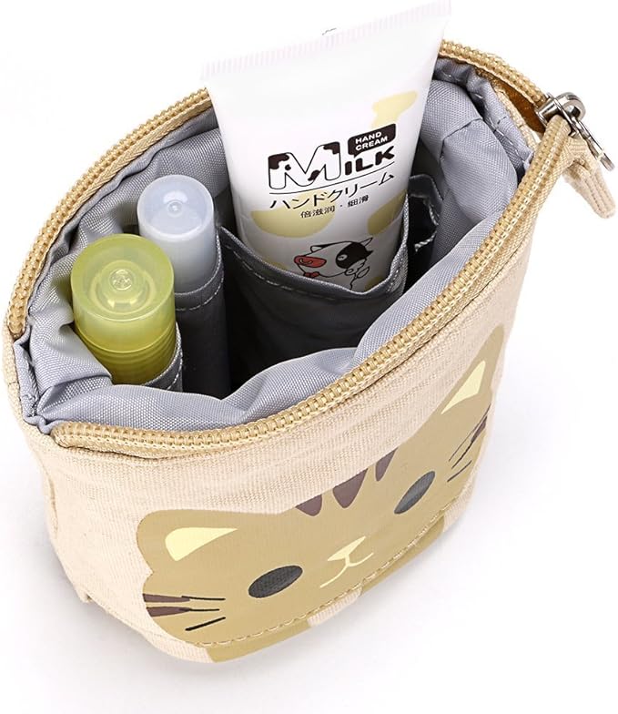 Telescopic Pencil Pouch Standing Pen Holder Cute Pencil Bags Stand Up Pen Case Cartoon Pencil/Pens Storage Box Canvas+PU Stationery Organizer Makeup Bag with Zipper Closure (Khaki)