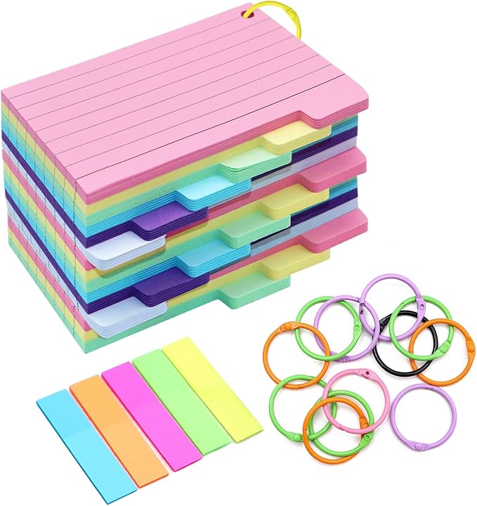 ZYNERY Colored Index Cards 3x5 Inches 375 PCS Flash Cards with Rings and Sticky Tabs, Multicolor Notecards Lined Both Sides Flashcards for Studying, School and Office Supplies