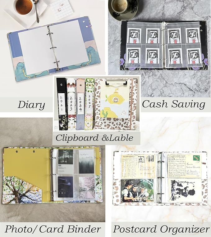 Mini Binder 3 Ring 1 Inch for 5.5"x8.5" Paper, Cute Small Three Ring Binders with Clipboard, 5-Tab Dividers, Spine ID Label Holder, BVSSX A5 Binder with Pen Holder, Black Weeds