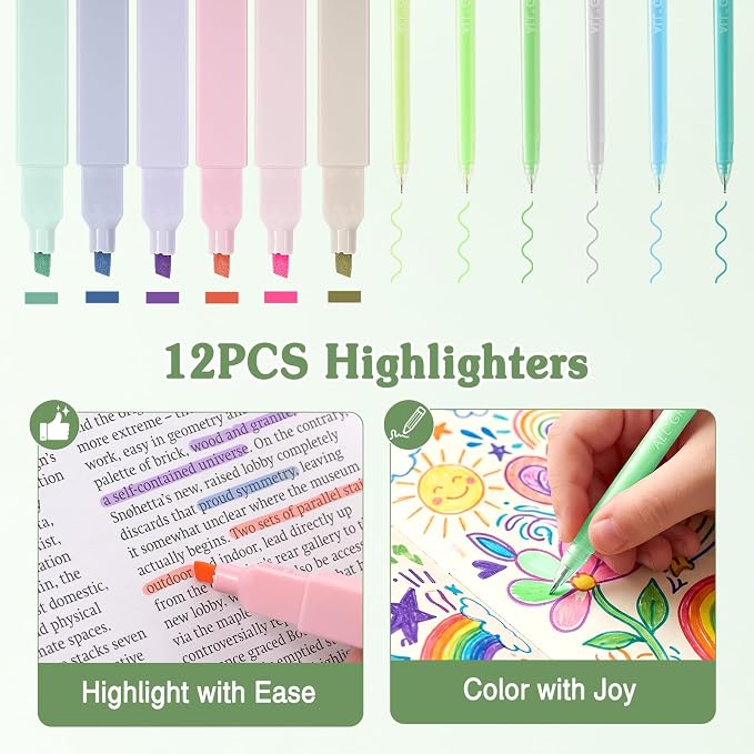 MoKo 49Pcs Aesthetic School Supplies, Green Cute Pencil Case Set with Pastel Highlighters, Mechanical Pencils with Refills, Eraser & Sticky Notes Tabs Set for Middle & College Students Stationery