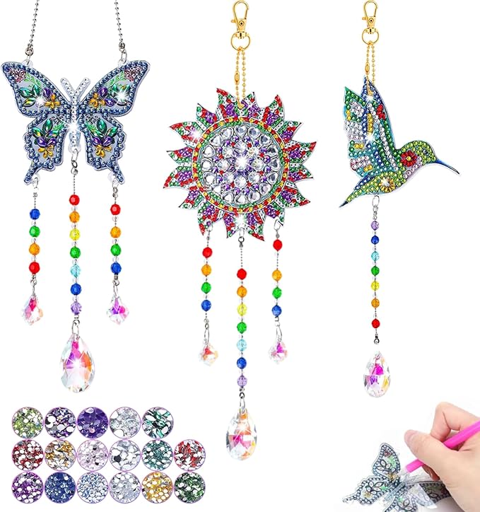 Arts and Crafts for Kids Ages 6-12, Birthday Gifts for 6 7 8 9 10 11 12 Year Old Girls, DIY Diamond Painting Kits for Kids Teens Adults, Butterfly Sun Hummingbird Wind Chimes for Home Garden Decor