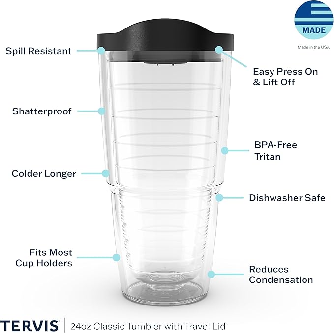 Tervis 24oz Tritan Tumbler | Clear | Made in USA, Double-wall Insulated, Shatterproof, BPA-Free, Dishwasher Safe, Fits Most Cupholders, Gifts under $25
