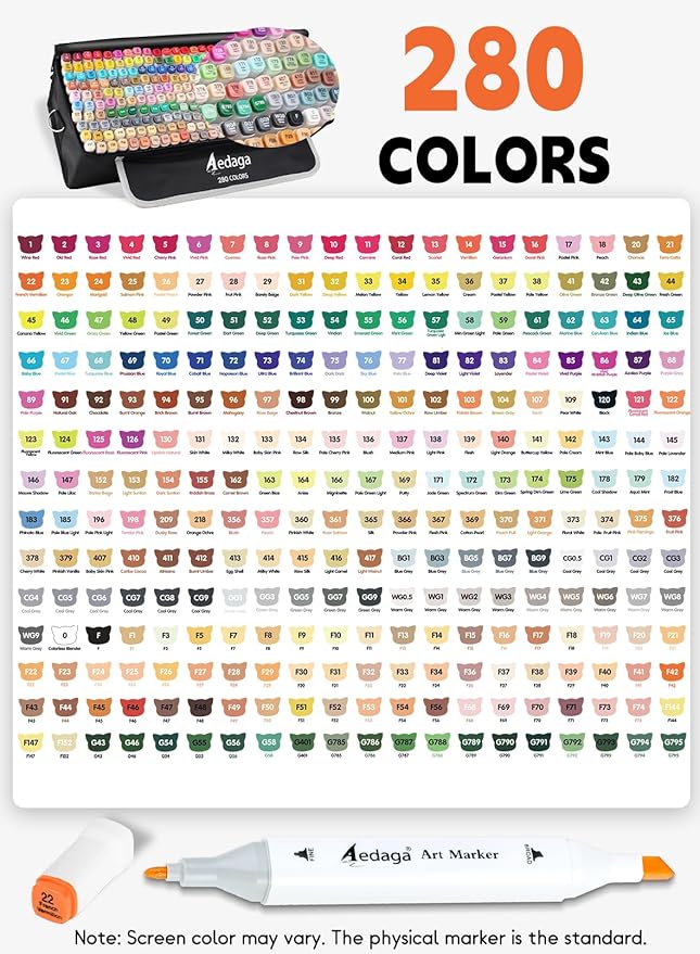 YHC 280 Colors Alcohol Markers with Free APP, Alcohol-Based Dual Chisel & Fine Tips Markers with Kickstand Case for Adult Coloring, Drawing, Painting and Sketching, Great Gift Idea for Artists