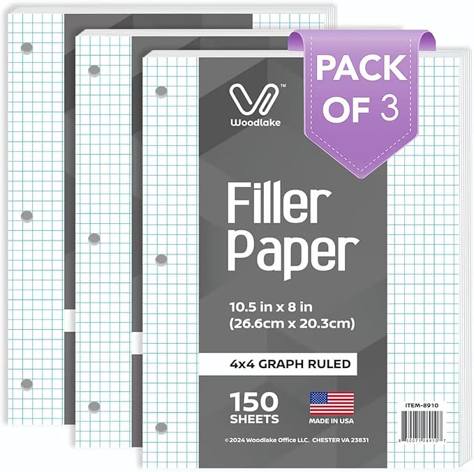 Woodlake Loose Leaf Graph Paper, 4x4 Quad Ruled Notebook Paper, 8 x 10.5” Graphing Paper, 150 Sheets per Pack, 3 Pack Filler Paper, 3 Hole Punched, Made in USA