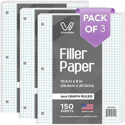Woodlake Loose Leaf Graph Paper, 4x4 Quad Ruled Notebook Paper, 8 x 10.5” Graphing Paper, 150 Sheets per Pack, 3 Pack Filler Paper, 3 Hole Punched, Made in USA