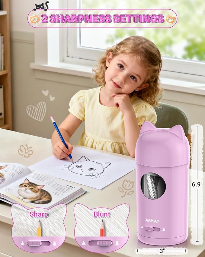 AFMAT Electric Pencil Sharpener, Automatic Pencil Sharpener, Auto in & Out, Colored Pencil Sharpeners for φ7-8mm Pencils, Rechargeable & Cordless, Battery Powered for Classroom Home School PSX9