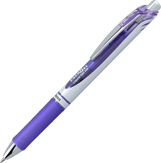 Pentel EnerGel RTX Retractable Liquid Gel Ink Pen, (0.7mm) Medium line, Lilac Ink, Box of 12 Pens (BL77-V3)