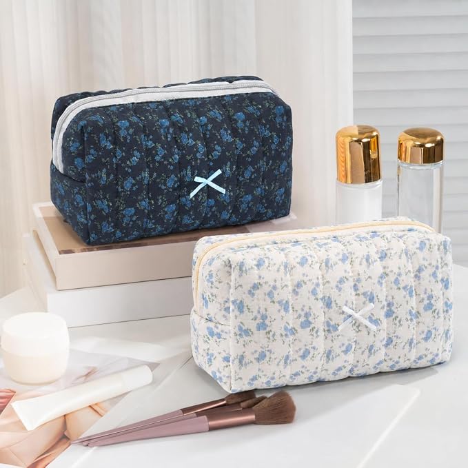Makeup Bag Travel Toiletry Bag for Women, Small Cosmetic Bags Aesthetic Organizer Quilted Cotton Makeup Pouch&Purse Emergency Bag Floral Pencil Case Accessory Bag, Midnight Blue