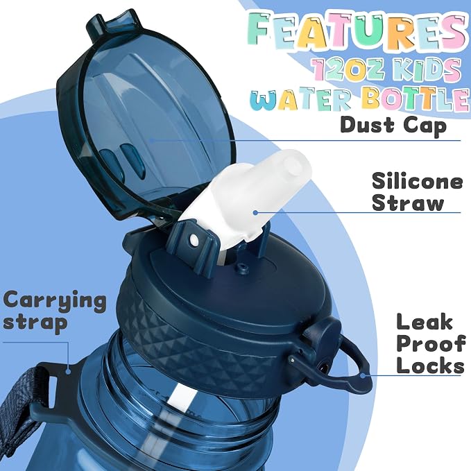 OLDLEY 17oz Kids Water Bottle, Tritan BPA-Free, Leakproof Flip Straw Lid, Motivational Time Marker, Carry Strap, Reusable Clear Water Bottle for Boys & Girls,Slate Blue