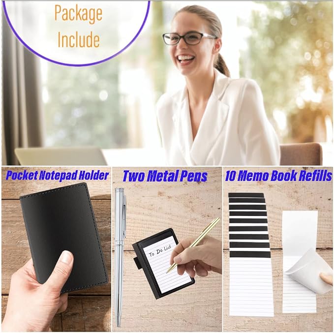 13 Pieces Mini Pocket Notepad Set,Included Leather Pocket Notepad Holder,10 Pack 3×5 Inch Small Notebook Refills,30 Lined Paper Per,2 Metal Ballpoint Pens