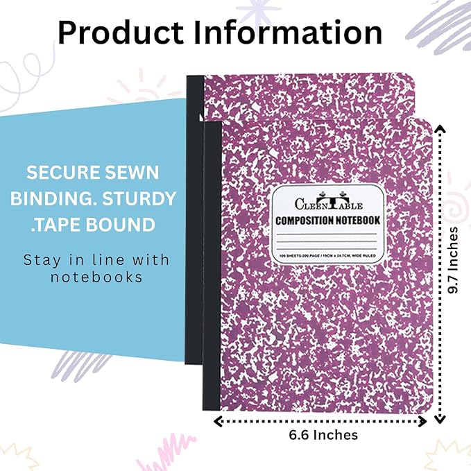 CLEENTABLE Composition Notebook 8 Pack, Wide Ruled Paper, Marble Cover Notebooks for School, 9.75 x 7.5 Inches, 100 Sheets (200 Pages), Sewn Binding Comp Books, Purple