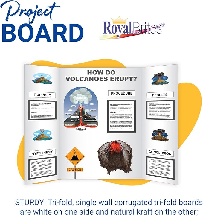 Royal Brites 1-Ply Corrugated Tri-fold Project Display Board 36" x 48", Exhibition, Presentation, & Science Fair Display Boards, Lightweight Trifold Board with Smooth Surface, White/Kraft, Pack of 12