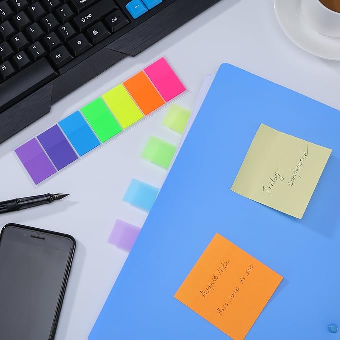 Pangda 560 Sheets Sticky Index Tabs Transparent Sticky Page Markers Flags Index Tabs Notes Tab Stickers Writable Labels Text Highlighter Strips, 20 x 45 mm, 4 Sets, 7 Colors